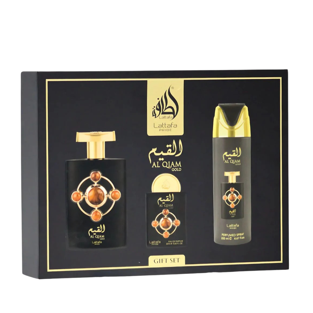 Giftset Al Qiam Gold 3pc – EDP 100ml + EDP 20ml + Perfumed Spray 200ml by Lattafa Pride
