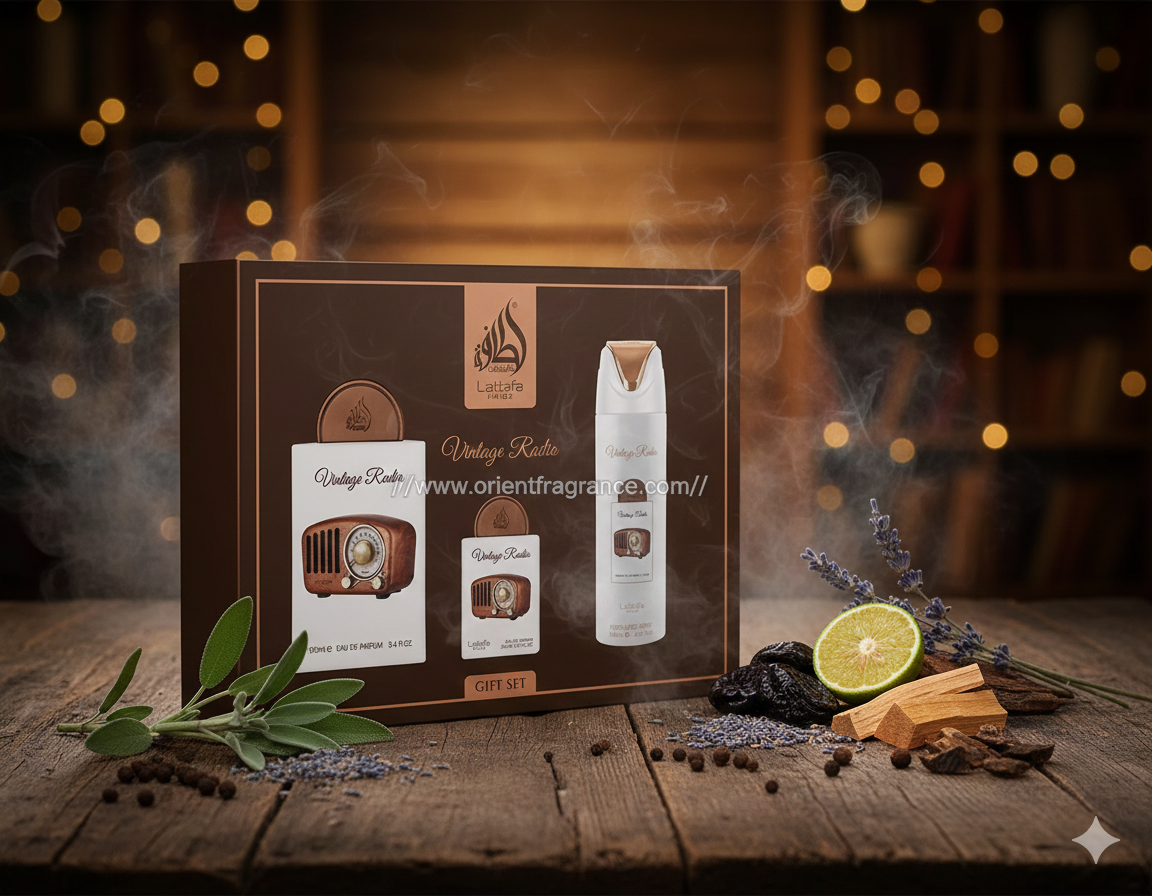Vintage Radio Gift Set – 3pc (EDP 100ml + EDP 20ml + Perfumed Spray 200ml) by Lattafa Pride