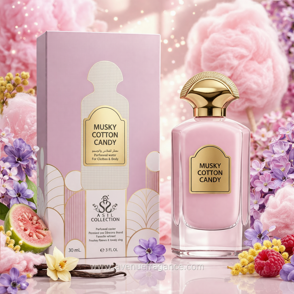 Musky Cotton Candy perfume bottle and packaging with floral and fruit background